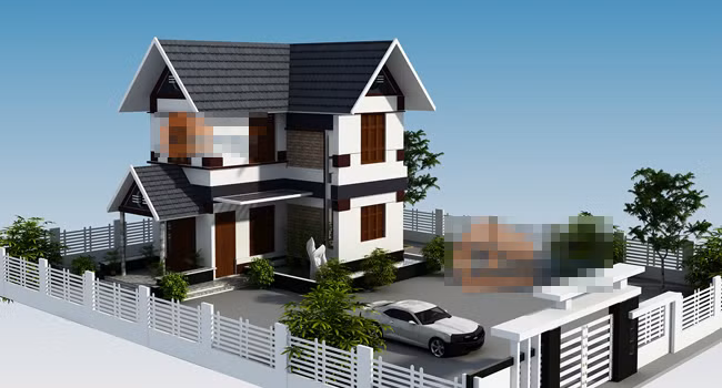 Công trình mang phong cách thiết kế nhà vườn hiện đại, nổi bật là hệ mái rộng, có độ dốc lớn. Màu sắc tương phản nổi bật tạo ấn tượng mạnh và vẻ cá tính riêng. Ảnh: Kientaoviet.