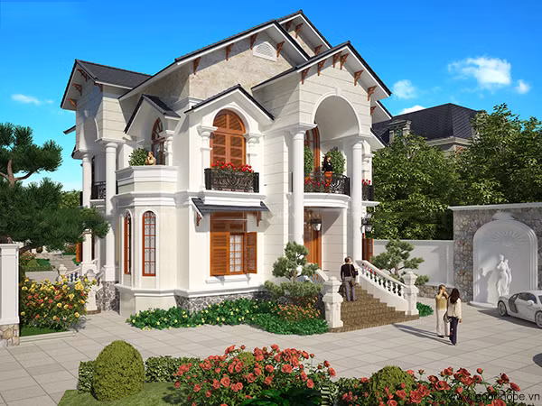 Ngôi biệt thự này là sự kết hợp hài hòa giữa màu sắc và tỷ lệ hình khối. Những đường nét khỏe khoắn hiện đại cũng là điểm nhấn nổi bật của công trình. Nguồn ảnh: Công ty CP Kiến trúc &amp; Đầu tư Xây dựng GOODHOPE.