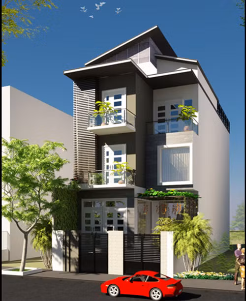 Nhà phố 3 tầng mái lệch đẹp mắt với gam màu trầm. Ảnh: Printest.