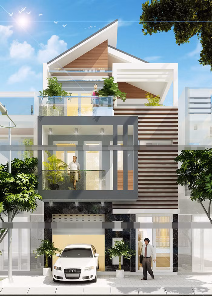 Thiết kế nhà phố hiện đại sử dụng hình khối xếp chồng kết hợp với phần mái cao và so le ấn tượng. Ảnh: Xaydungnhadepmoi.