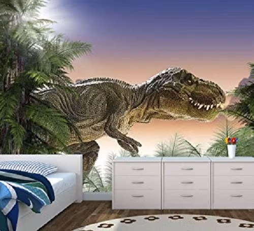 Phòng ngủ ấn tượng với giấy dán tường hình khủng long bạo chúa. Ảnh: Amazon.