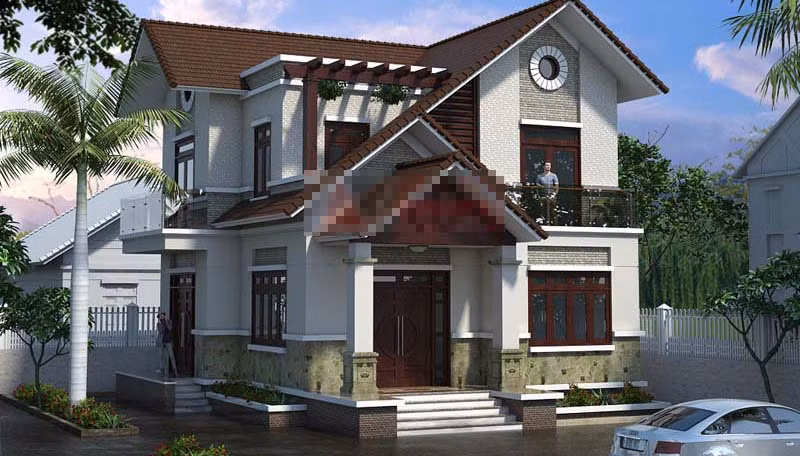 Thiết kế nhà 2 tầng hình vuông có sự kết nối với thiên nhiên và kiến trúc lân cận. Ảnh: Angcovat.