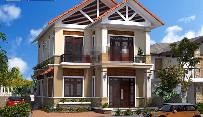 Kiến trúc nhà 2 tầng mái thái đơn giản nhưng đẹp mắt vì có sự đồng bộ và thống nhất về chiều cao, khoảng lùi, số tầng. Ảnh: Angcovat.