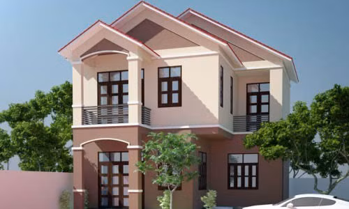 Thiết kế nhà 2 tầng chữ L khang trang với tông màu nhẹ nhàng. Ảnh: Thietkenhadepmoi.