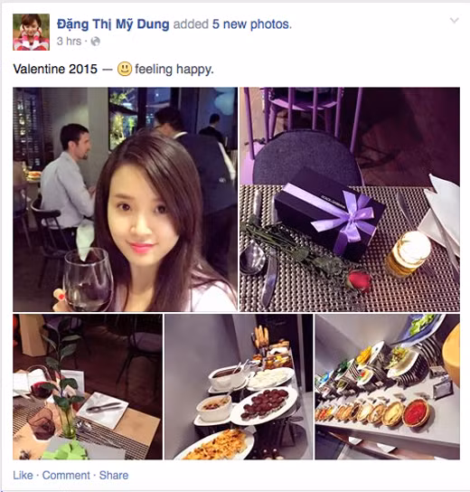 Dịp 14/2/2015, Midu được chồng đưa đi ăn tại nhà hàng sang trọng, tặng hoa hồng đỏ và gói quà xinh xắn. Chồng của Midu là một đại gia nổi tiếng trong giới chơi xe tại Sài Gòn với bộ sưu tập xế hộp đắt đỏ. Ảnh: Yan.