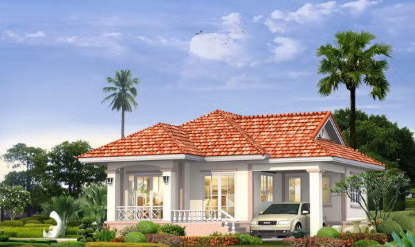 Tông màu chủ đạo là màu trắng kết hợp với sơn màu hồng và mái ngói đỏ. Ảnh: Thietkethicongnhadep.