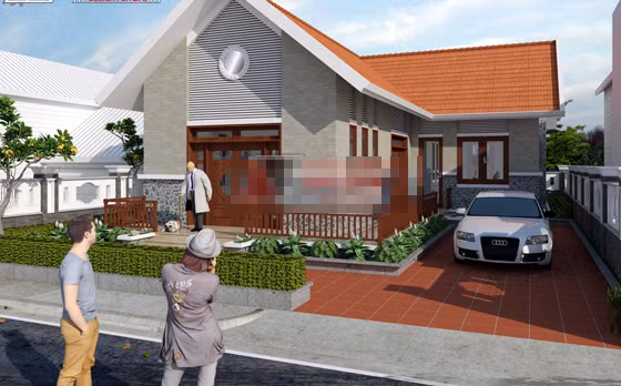 Biệt thự hình chữ L nổi bật với hệ thống tường nhà được ốp đá màu ghi sang trọng. Hệ thống đá rối tự nhiên ốp ở phía chân tường tạo lối thiết kế độc đáo. Ảnh: Angcovat.