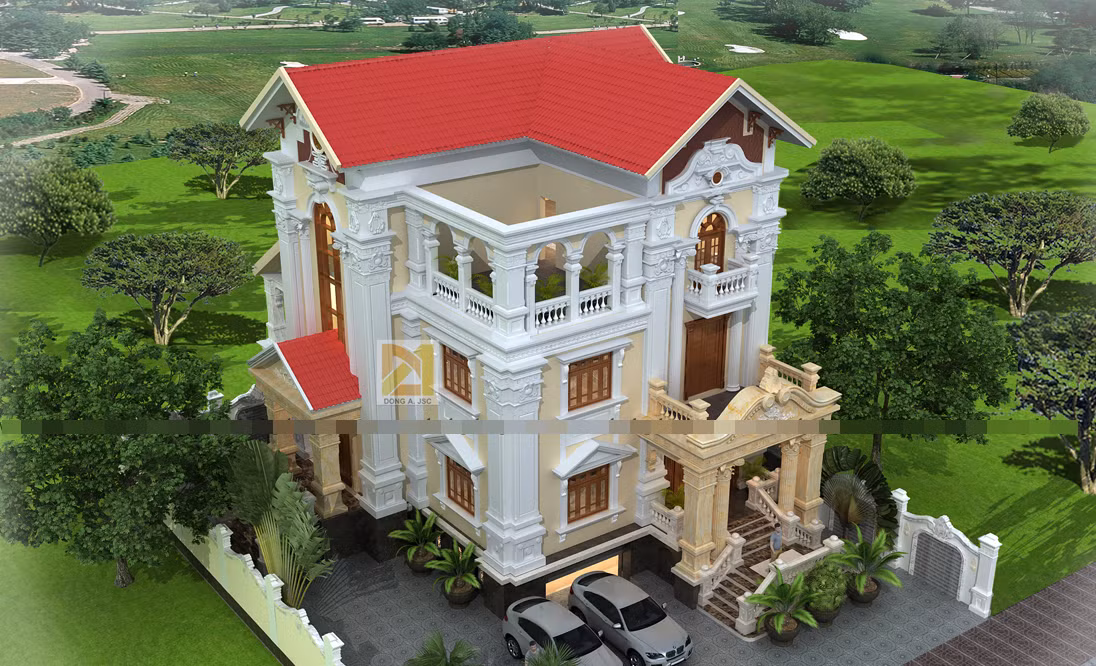 Ngôi biệt thự 3 tầng cổ điển nổi bật với các chi tiết hoa văn cầu kỳ. Ảnh: Nhadepdonga.