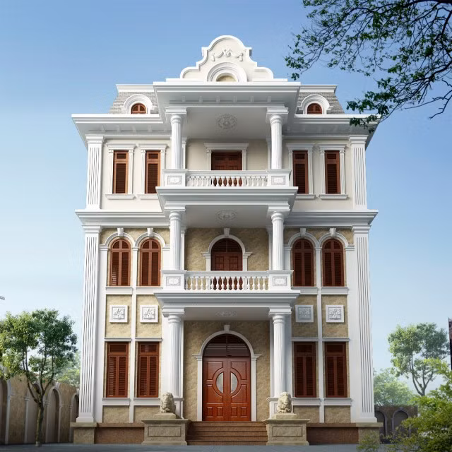 Biệt thự 3 tầng nổi bật với cột trụ vuông vức xen lẫn các cột trụ tròn mềm mại. Hút mắt hơn cả là sự trang trí cầu kì và sắc nét của những hoa văn cổ điển đươc phủ trên các mặt tường. Ảnh: Thietkebietthucodien.