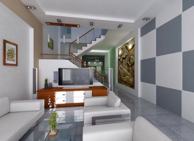 Sofa trắng trên nền gạch xám kết hợp cùng họa tiết trang trí tường cho không gian phòng khách thêm tinh tế. Ảnh: Khonggiannhadep24h.