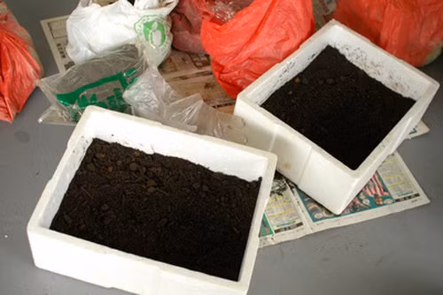 Đục lỗ dưới đáy thùng xốp và lót một tấm màng vải để ngăn đất cát trôi ra ngoài.