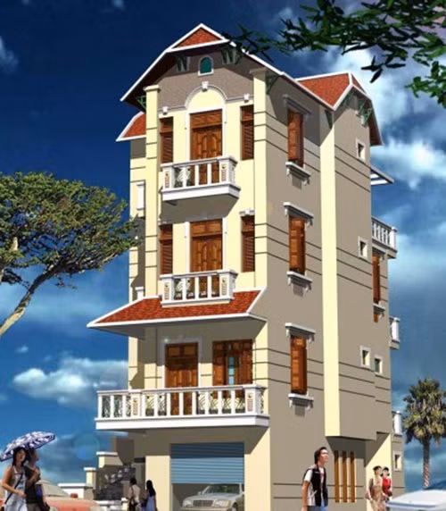 Sân trước của biệt thự không có nhiều không gian nên gara xe được để ngay bên ngoài. Bên cạnh là cầu thang ngoài trời lên phòng khách ở tầng 2. Ảnh: Thietkethicongnhadep.