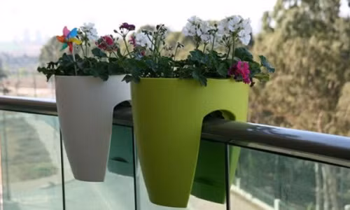 Chậu cây xẻ rãnh cố định chắc chắn trên lan can vừa tiết kiệm diện tích vừa mang lại nét đẹp cho ban công. Ảnh: House.