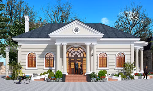 Kiến trúc cổ điển Pháp mang nét đẹp thanh thoát, kết cấu mở tối đa. Toàn bộ không gian sống cực kỳ thông thoáng. Những hàng cột, ô cửa sổ vuông vắn màu gỗ gần gũi hơn, các chi tiết phào chỉ uốn lượn. Ảnh: Thanglongarc.