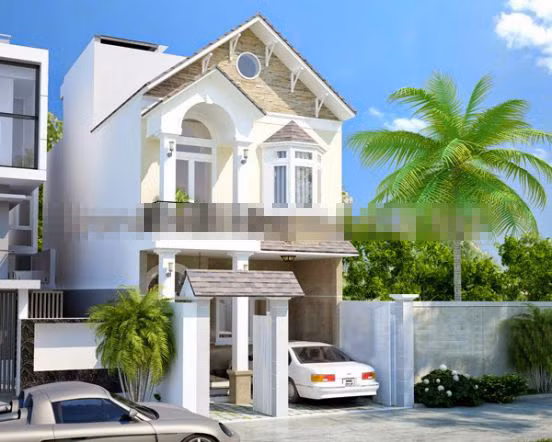 Mẫu nhà ống mái ngói 2 tầng đẹp trang nhã có sân rộng để ô tô trước nhà. Ảnh: Kientrucnhaviet.