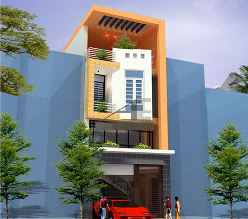 Mẫu nhà lô phố 4 tầng đẹp, hiện đại. Màu vàng cam cho ngôi nhà nổi bật giữa phố. Ảnh: Kientrucae.