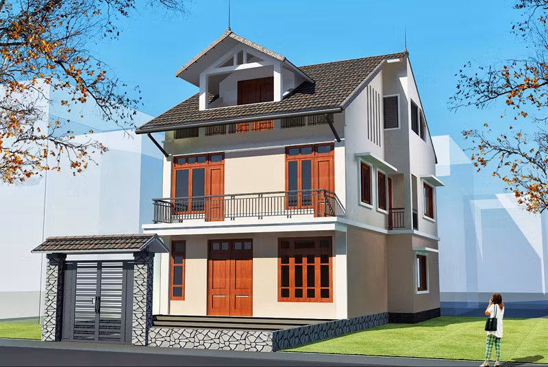 Ngôi nhà mái dốc sang trọng với phần đá ốp ngoài cổng và hệ thống cửa gỗ chắc chắn. Ảnh: Phuongvinhjsc.