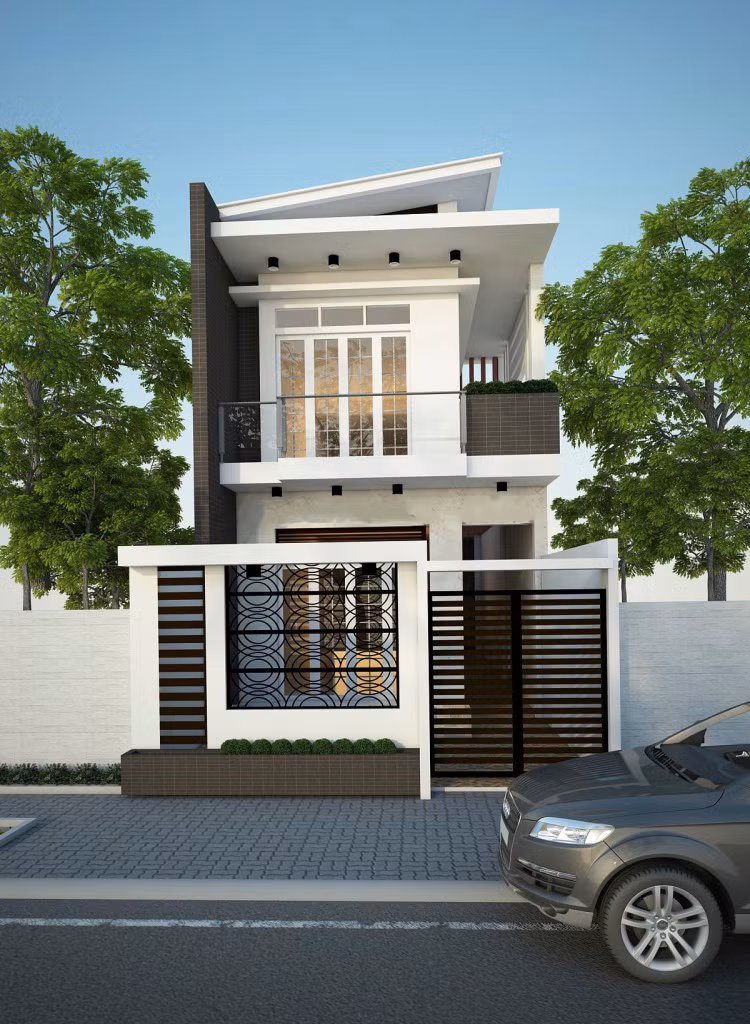 Ngôi nhà ấn tượng giữa phố nhờ hệ mái lệch và cách phối màu hài hòa. Ảnh: ARC.