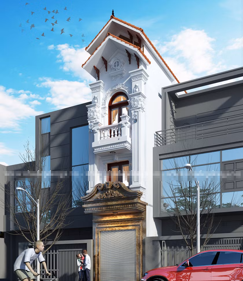 Nhà ống cổ điển kiểu Pháp hút mọi ánh nhìn bởi các họa tiết trang trí cầu kỳ. Ảnh: Nhadepdonga.