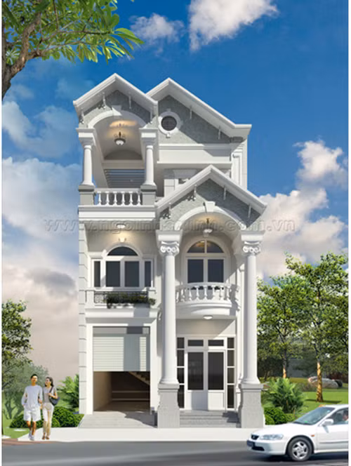 Đặc trưng của phong cách kiến trúc Hy - La cổ đại nằm ở các trụ cột vững chãi. Vòm cuốn và mái che hình tam giác ở tầng 2, tầng 3 tạo cho mặt tiền ngôi nhà vẻ đẹp thanh thoát. Ảnh: Ngoinhaxinh.