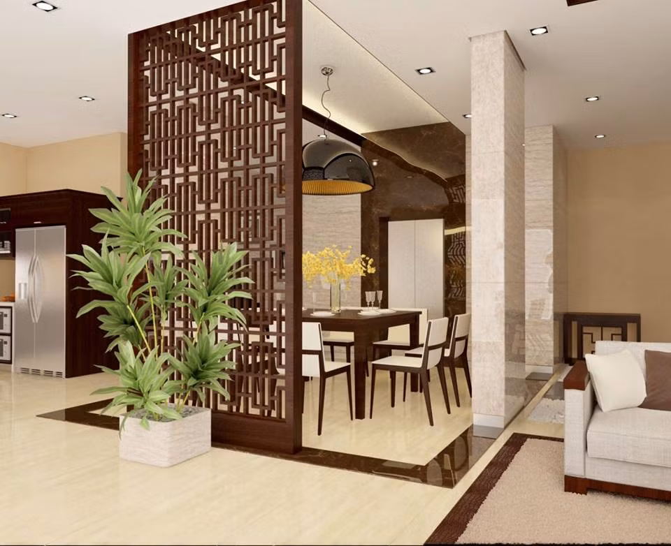 Vách ngăn gỗ họa tiết cổ điển gợi nhắc về một thời đã qua. Ảnh: VachnganCNC.