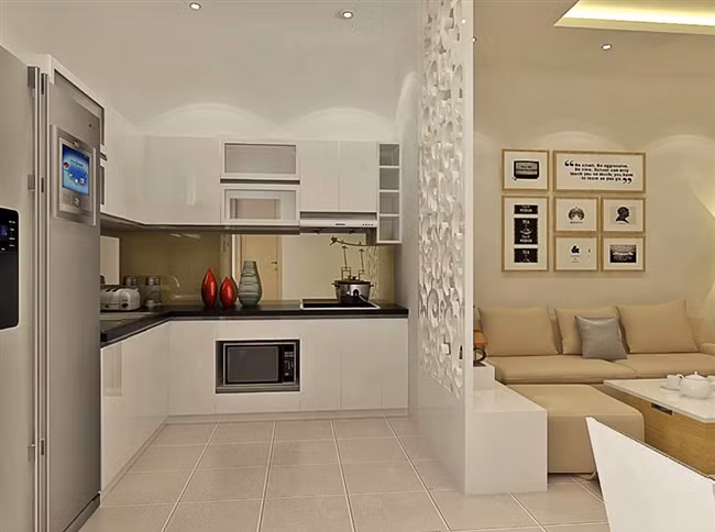 Vách ngăn họa tiết cầu kỳ có kệ ở dưới rất đặc biệt thích hợp với những căn hộ nhỏ có phòng khách và bếp liền nhau. Ảnh: VachnganCNC.