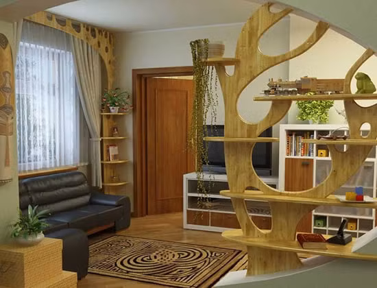 Vách ngăn phòng khách với tạo hình đậm chất nghệ thuật. Ảnh: Noithatducduong.