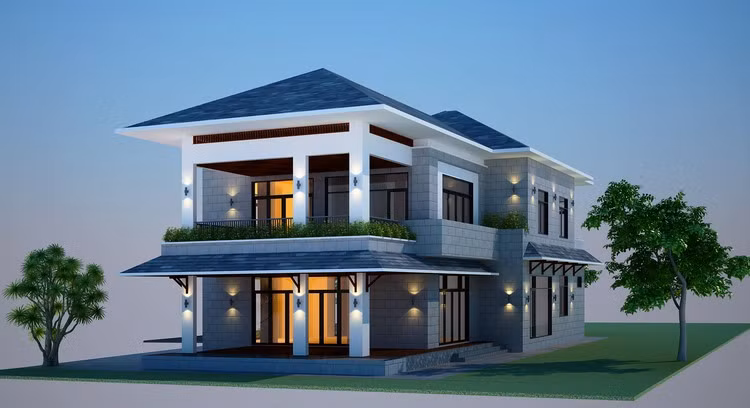 Thiết kế biệt thự theo phong cách cổ điển kết hợp hiện đại có đặc trưng là phần không gian riêng thoáng mát với những thanh lam trang trí để tạo ấn tượng. Ảnh: Datthanhha.