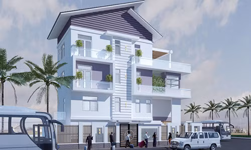 Điểm nhấn của biệt thự 4 tầng này là mái lệch đan xếp tạo hướng mặt tiền sang trọng hơn. Ảnh: Thietkenhadepmoi.