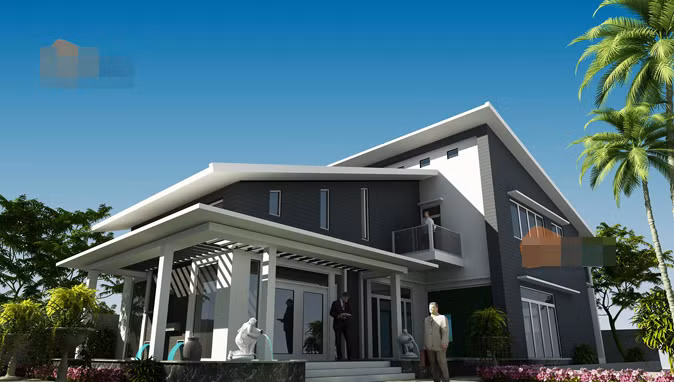 Biệt thự vườn 2 tầng với hình thức 2 mái lệch nhau tạo cảm giác phá cách và lạ mắt. Ảnh: Kientaoviet.