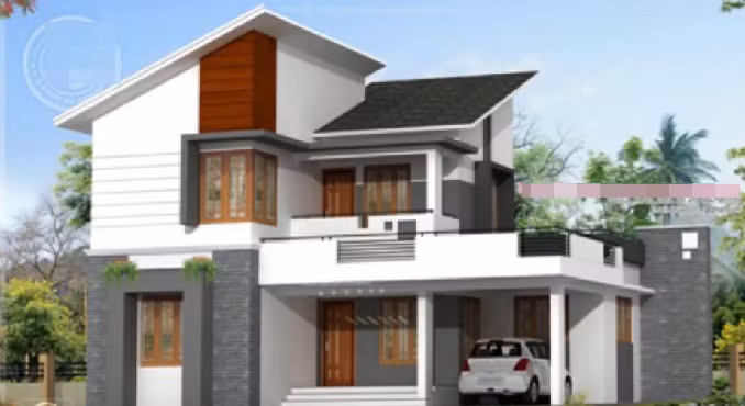 Biệt thự 2 tầng được thiết kế kiểu mái lệch với sự kết hợp khéo léo giữa nhiều gam màu. Ảnh: Youtube.