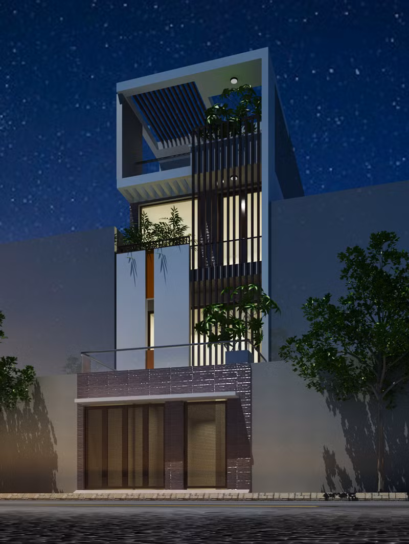 Căn nhà có hướng chính Tây nên được thiết kế với nhiều cây xanh phía trước mặt tiền, giúp chống nắng hiệu quả. Ảnh: Sonar.