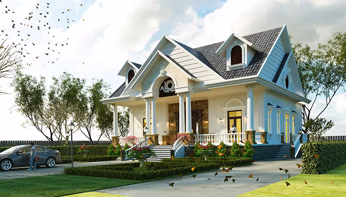 Biệt thự vườn mái thái theo kiến trúc Pháp. Ảnh: Nhadepvuonxinh.