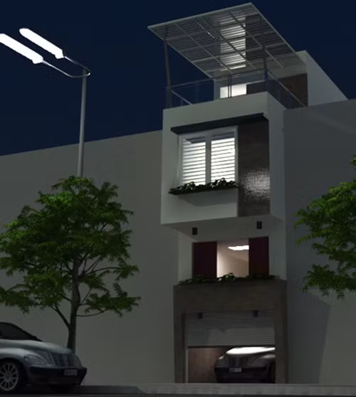 Phối cảnh đơn giản, chủ yếu dùng tỷ lệ các mảng tường và một chút vật liệu kết hợp màu trắng tạo điểm nhấn sang trọng cho ngôi nhà. Ảnh: Archione.