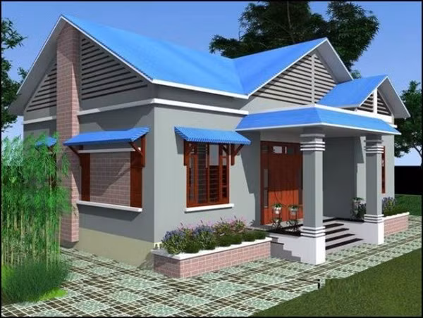 Do ngôi nhà có mái ngói màu đậm nên phần lát gạch sát mép nhà được sử dụng màu trung tính, giúp tăng thêm vẻ đẹp ấn tượng cho mặt tiền. Ảnh: Internet.