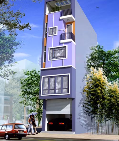 Mẫu thiết kế nhà ống 5 tầng có gara để xe nổi bật với sơn tường màu tím. Ảnh: Noithatdongtay.