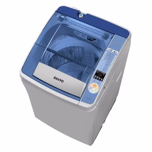 Sanyo cũng là thương hiệu máy giặt bền bỉ theo thời gian được sử dụng phổ biến ở nước ta. Máy Sanyo ASW-F700Z1T lồng đứng, 7kg sở hữu thiết kế hiện đại phù hợp với gia đình ít người. Ảnh: Mediamart.