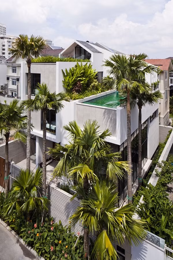 Tầng trên cùng của biệt thự được chia thành một bên là sân thượng, một bên là bể bơi. Xung quanh trồng thêm cây cảnh, hoa lá để tăng thêm vẻ đẹp xanh mát. Ảnh: Homedsgn.