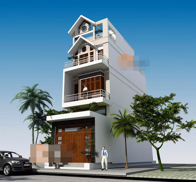 Từ cổng vào là sân trước dùng làm khu vực để xe. Bên trong là không gian phục vụ sinh hoạt chung như phòng khách, bếp...tiếp đến là sân sau nhỏ để lấy ánh sáng. Ảnh: Kientaoviet.