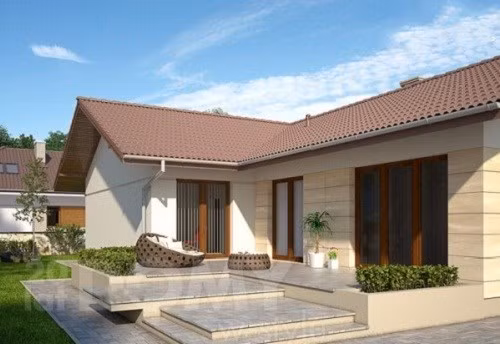 Mẫu nhà cấp 4 hình chữ L, lợp mái tôn. Phần gara xe được thiết kế rộng rãi phía sau nhà. Ảnh: Thietkethicongnhadep.