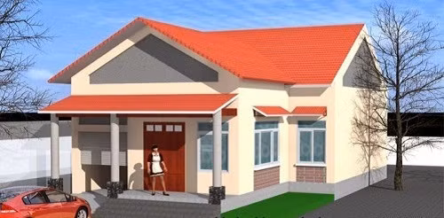 Phối cảnh nhà cấp 4 này được thiết kế rất thanh thoát và đơn giản, độ cao của nền được tôn lên thành 5 bậc đảm bảo nền sẽ không bị thấm nước vào các ngày nồm hoặc mùa lũ.