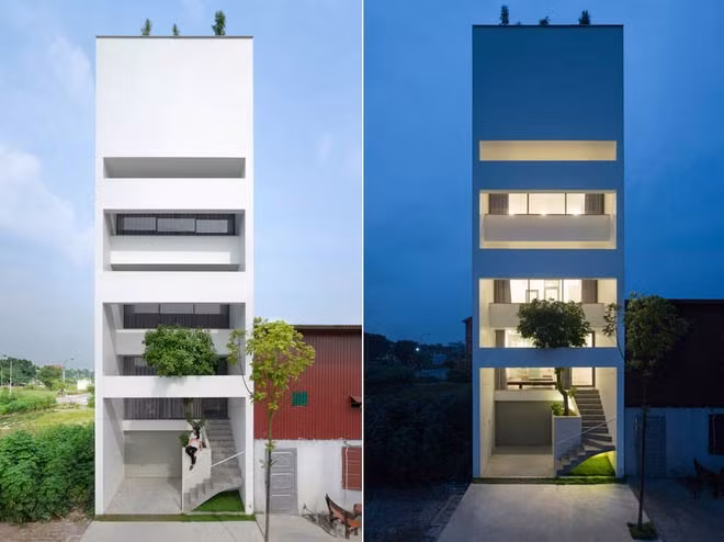 Khoảng giật hướng dần vào trong kết hợp với cây xanh tạo khoảng đệm làm giảm tiếng ồn, khói bụi, nắng hướng tây chiếu trực tiếp vào nhà. Ảnh: Archdaily.