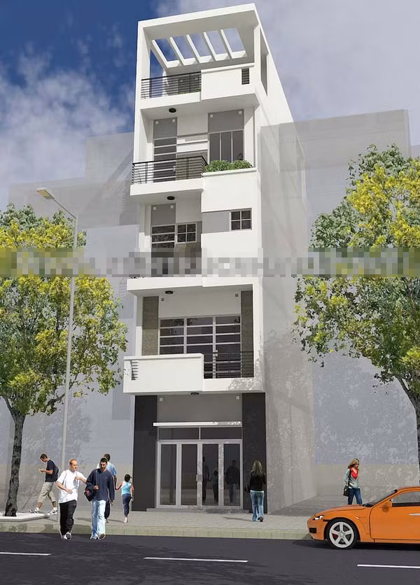 Ngôi nhà ống 5 tầng đẹp hài hòa với mặt tiền thiết kế gọn gàng, không có các chi tiết rườm rà. Ảnh: Kientrucnhaviet.