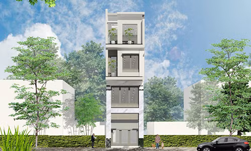 Mặt tiền nhà ống 3 tầng 1 tum ấn tượng với các hình khối vuông và lệch một chút ở tầng 3 và tầng tum. Ngôi nhà sử dụng nhiều kính phía trước nhằm mục đích lấy thêm nhiều ánh sáng từ thiên nhiên. Ảnh: Thietkenha6789.