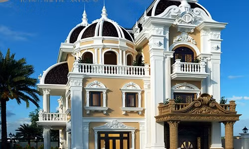 Biệt thự 3 tầng cổ điển nổi bật với ba màu trắng, vàng, đen đơn điệu. Ảnh: Thietkenhadep.