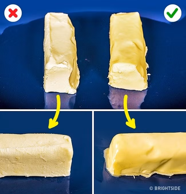 Muốn kiểm tra xem bơ có chứa kem hay không, hãy để đông bơ trong tủ lạnh. Sau đó dùng dao cắt. Nếu bơ không dính vào dao thì đó là bơ động vật, chất lượng.