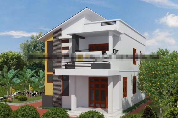 Biệt thự 2 tầng được thiết kế với một bên mái và một bên được xây dựng bằng tường chắn mái tạo nên sự cân đối. Ảnh: Thietkethicongnhadep.