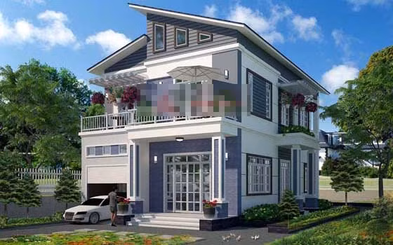 Điểm nhấn của ngôi nhà là phần mái lệch và sảnh tầng 2 với ban công ngập tràn hoa và cây cảnh. Ảnh: Angcovat.