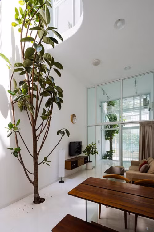 Tầng 1 được chia thành phòng khách, bếp và bàn ăn.