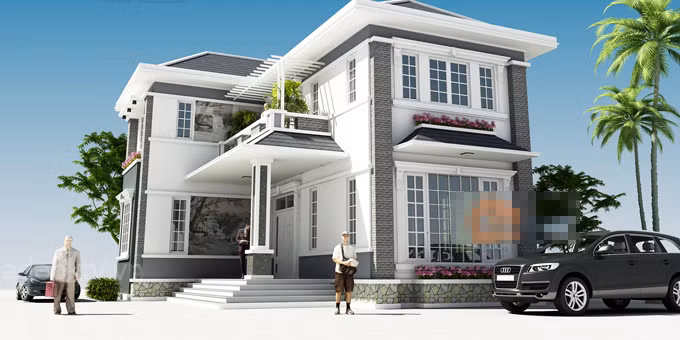 Ngôi nhà được thiết kế giản dị với mái dốc 4 chiều. Gam màu trắng và xanh ghi làm toát lên vẻ đẹp hiện đại của công trình. Ảnh: Kientaoviet.